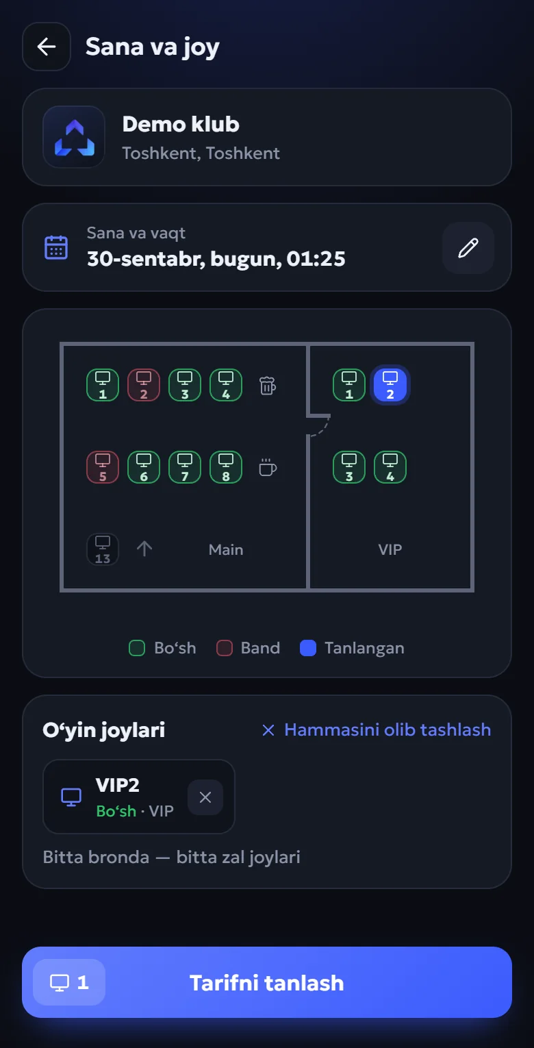 TuranGamer ilovasi: bron uchun sana va vaqt, zal xaritasida bo‘sh va band PC’lar, tanlangan o‘yin joyi