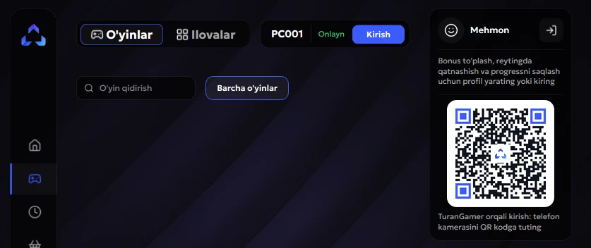 PC qulf ekrani: o‘yinlar va ilovalar bo‘limlari, PC raqami va Kirish tugmasi, o‘ng tomonda TuranGamer orqali kirish uchun QR kod